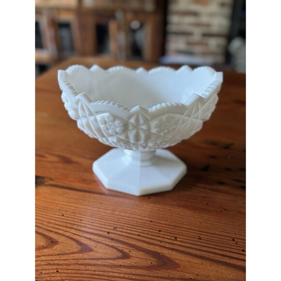 Vintage Kemple Toltec Pattern Milk Glass Oval Pedestal Scalloped Edge Bowl Wowza - Picture 5 of 11